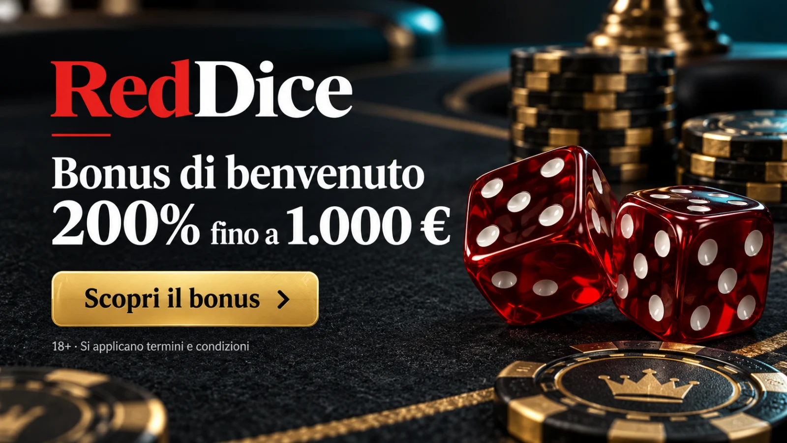 RedDice: bonus di benvenuto del 200% fino a 1.000 €. Scopri il bonus; 18+, si applicano termini e condizioni.